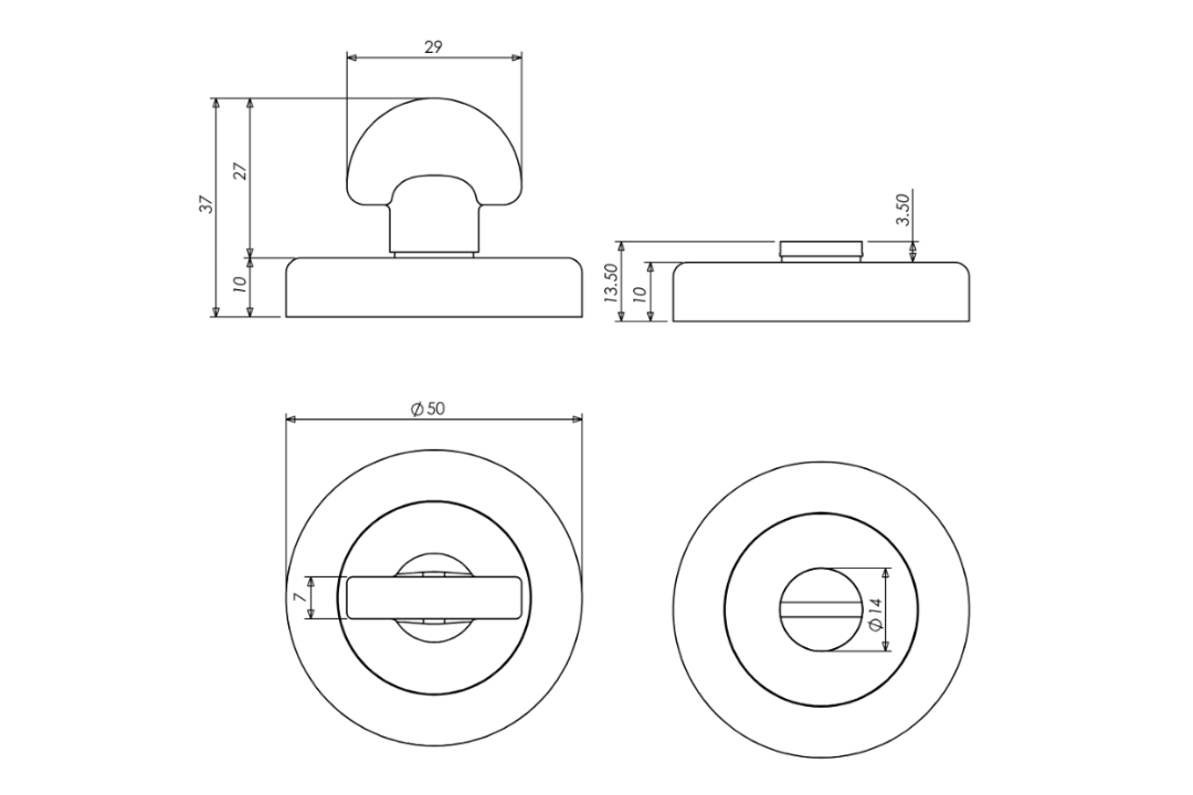 Black and white specification drawing of the Apollo Design Traditional Privacy Turn Round 50mm.