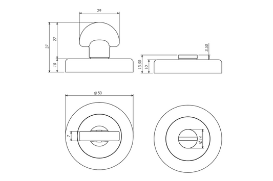 Black and white specification drawing of the Apollo Design Traditional Privacy Turn Round 50mm.