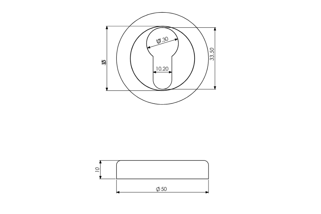 Black and white specification drawing with measurements of the Apollo Design Round Euro Escutcheon 50mm.