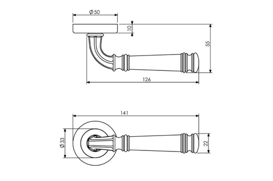 Black and white specification drawing with measurements of the Apollo Design Tuscany Door Lever Handle on Round Rose Pair.