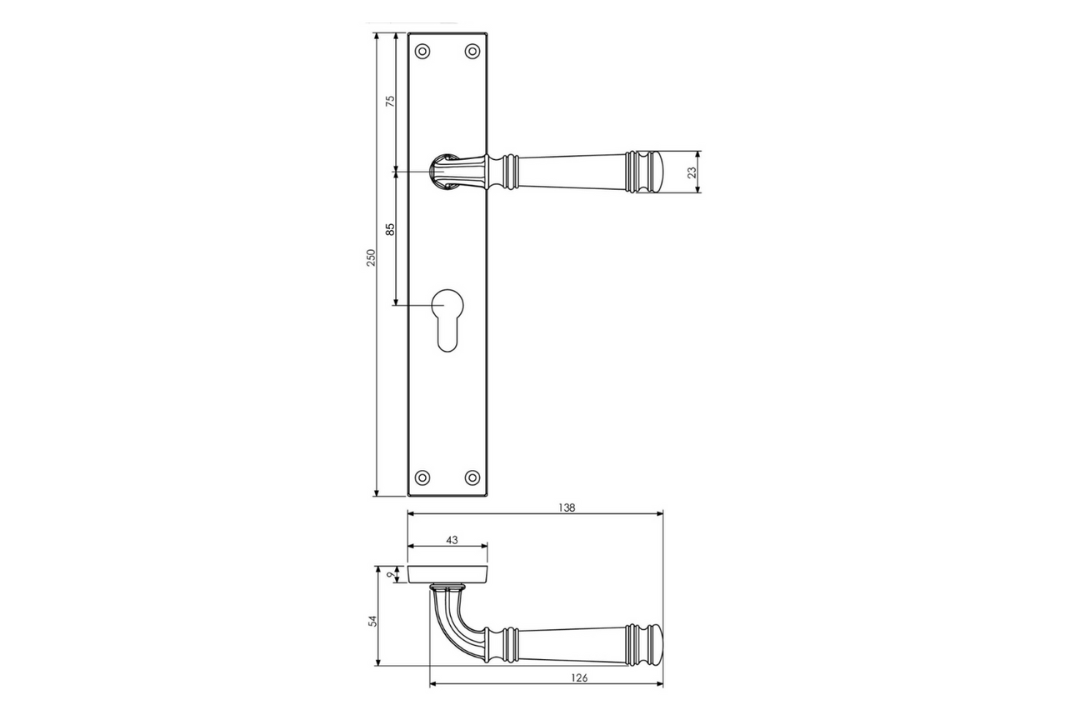 Black and white specification drawing with measurements of the Apollo Design Tuscany Door Handle on Rectangle Plate.