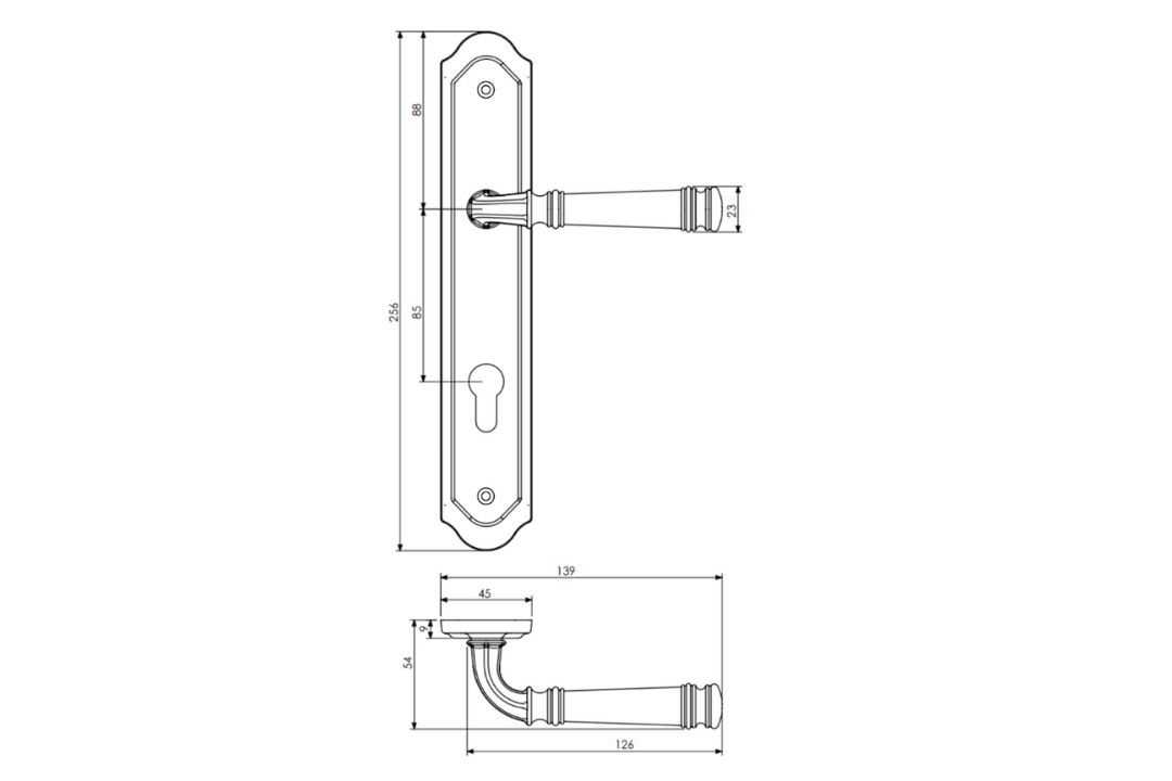 Black and white specification drawing with measurements of the Apollo Design Tuscany Door Handle on Traditional Plate.