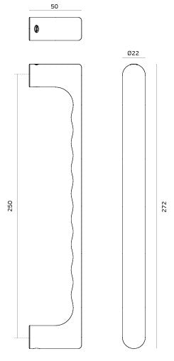 Black and white specification drawing with measurements of the JNF Yokohama Satin Stainless Steel Pull Handle Pair IN.07.177.