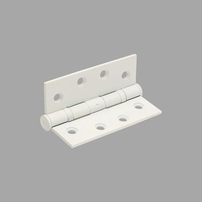 Picture of a white ball bearing hinge by Zanda Architectural on a grey background.