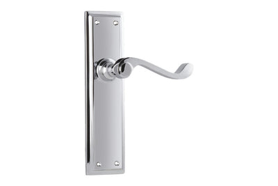 Product image of the Tradco Milton Door Lever Handle on Long Backplate Passage Chrome Plate on a white background.