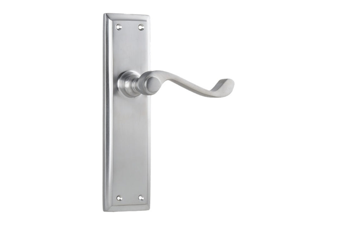 Product image of the Architectural Choice Milton Lever Latch Satin Chrome 200x50 on a white background.