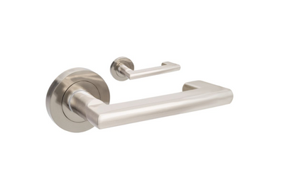 Product picture of the Zanda Epic Return Door Handle on Round Rose Brushed Nickel lever set only on a white background.