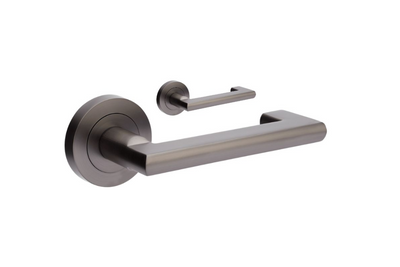 Product picture of the Zanda Epic Return Door Handle on Round Rose Graphite Nickel lever set only on a white background.