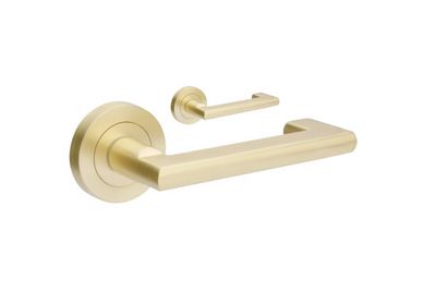 Product picture of the Zanda Epic Return Door Handle on Round Rose Satin Brass lever set only on a white background.