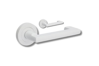 Product image of the Zanda Epic Return Door Handle on Round Rose White lever set only on a white background.