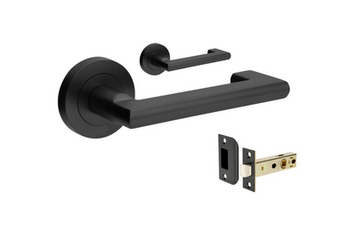 Product image of the Zanda Epic Return Door Handle on Round Rose Matt Black passage set on a white background.