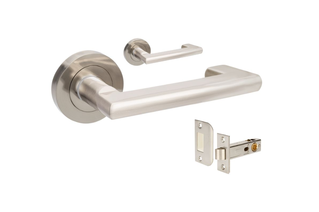 Product picture of the Zanda Epic Return Door Handle on Round Rose Brushed Nickel passage set on a white background.