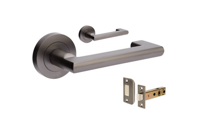 Product picture of the Zanda Epic Return Door Handle on Round Rose Graphite Nickel passage set on a white background.