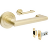 Product picture of the Zanda Epic Return Door Handle on Round Rose Satin Brass passage set on a white background.