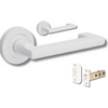 Product image of the Zanda Epic Return Door Handle on Round Rose White passage set on a white background.