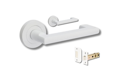 Product image of the Zanda Epic Return Door Handle on Round Rose White passage set on a white background.