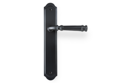 Product picture of the Apollo Design Tuscany Door Handle on Traditional Plate Matt Black Passage Set on a white background.