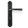 Product picture of the Apollo Design Tuscany Door Handle on Traditional Plate Matt Black Privacy Set on a white background.