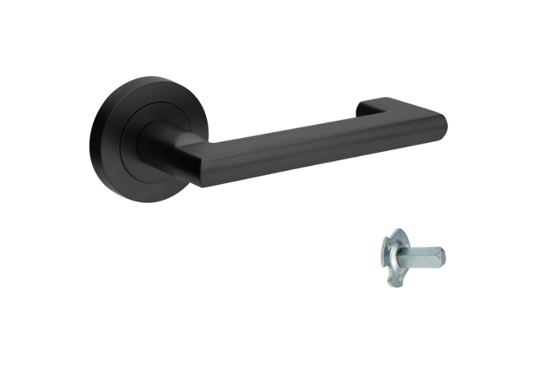 Product image of the Zanda Epic Return Door Handle on Round Rose Matt Black dummy handle on a white background.