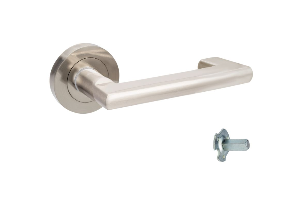 Product picture of the Zanda Epic Return Door Handle on Round Rose Brushed Nickel dummy handle on a white background.