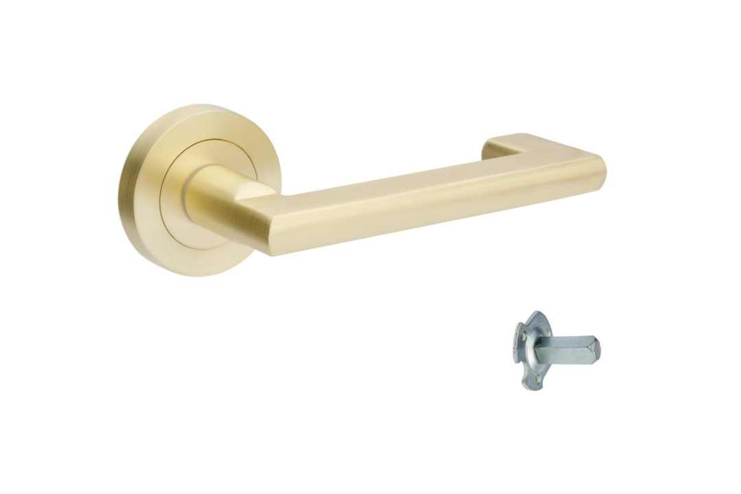 Product picture of the Zanda Epic Return Door Handle on Round Rose Satin Brass dummy lever on a white background.
