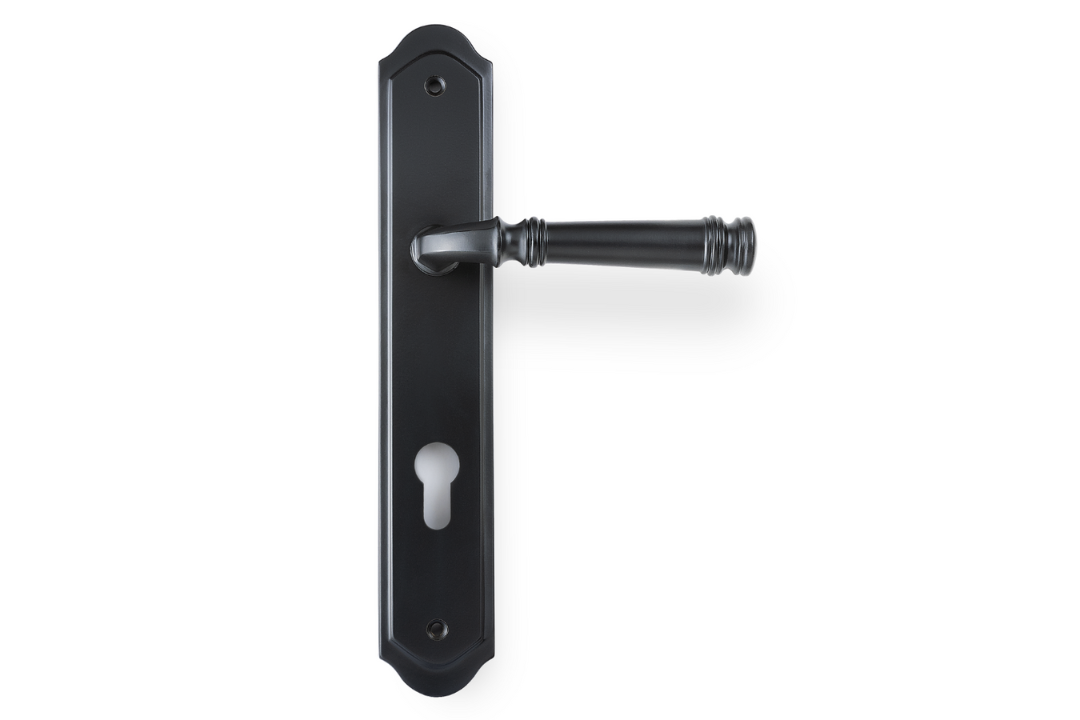 Product picture of the Apollo Design Tuscany Door Handle on Traditional Plate Matt Black Euro Set on a white background.