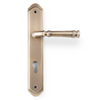 Product picture of the Apollo Design Tuscany Door Handle on Traditional Plate Antique Brass Euro Set on a white background.