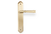 Product picture of the Apollo Design Tuscany Door Handle on Traditional Plate Satin Brass Passage Set on a white background.