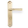 Product picture of the Apollo Design Tuscany Door Handle on Traditional Plate Satin Brass Privacy Set on a white background.