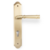 Product picture of the Apollo Design Tuscany Door Handle on Traditional Plate Satin Brass Euro Set on a white background.
