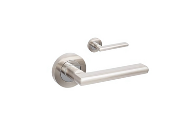 Product picture of the Zanda Epic Door Handle on Round Rose Brushed Nickel/Chrome Plate lever set only on a white background.