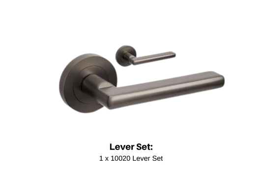 Product image of the Urban Gun Metal Grey Door Handle Lever Set with writing below mentioning what is in this particular selection.