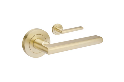Product picture of the Zanda Epic Door Handle on Round Rose Satin Brass lever set only on a white background.