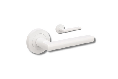 Product image of the Zanda Epic Door Handle on Round Rose White lever set only on a white background.