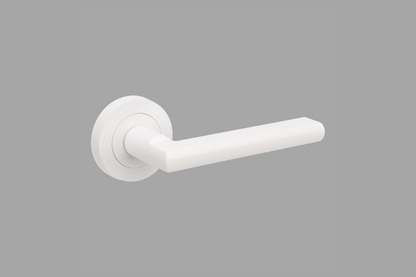 Product picture of the Epic White Door Handle on a grey background.