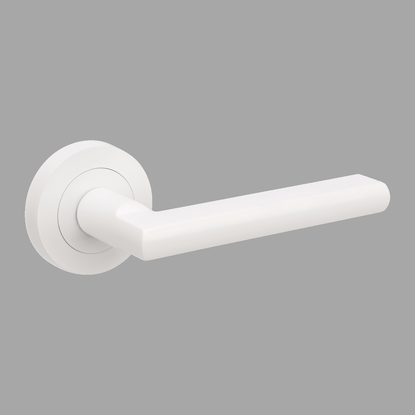 Up close product picture of the Epic White Door Handle on a grey background.