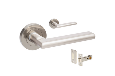 Product picture of the Zanda Epic Door Handle on Round Rose Brushed Nickel passage set on a white background.