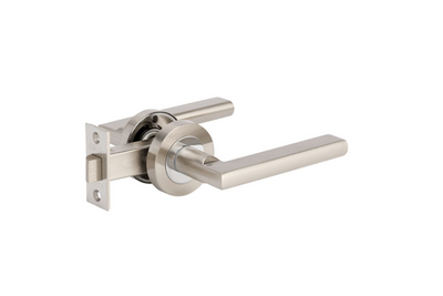 Product picture of the Zanda Epic Door Handle on Round Rose Brushed Nickel/Chrome Plate passage set on a white background.