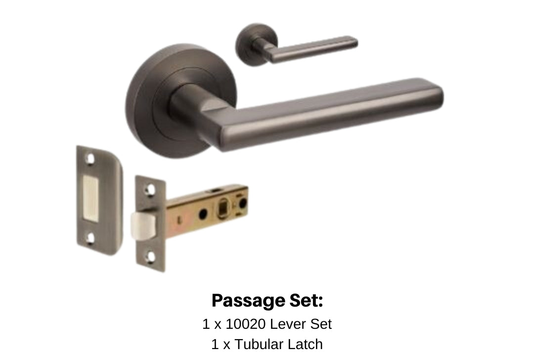 Product image of the Urban Gun Metal Grey Door Handle Passage Set with writing below mentioning what is in this particular selection. 1 x 10020 Lever Set and 1 x Tubular Latch.