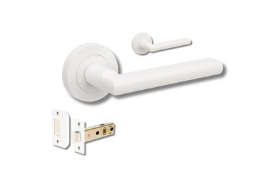 Product image of the Zanda Epic Door Handle on Round Rose White passage set on a white background.