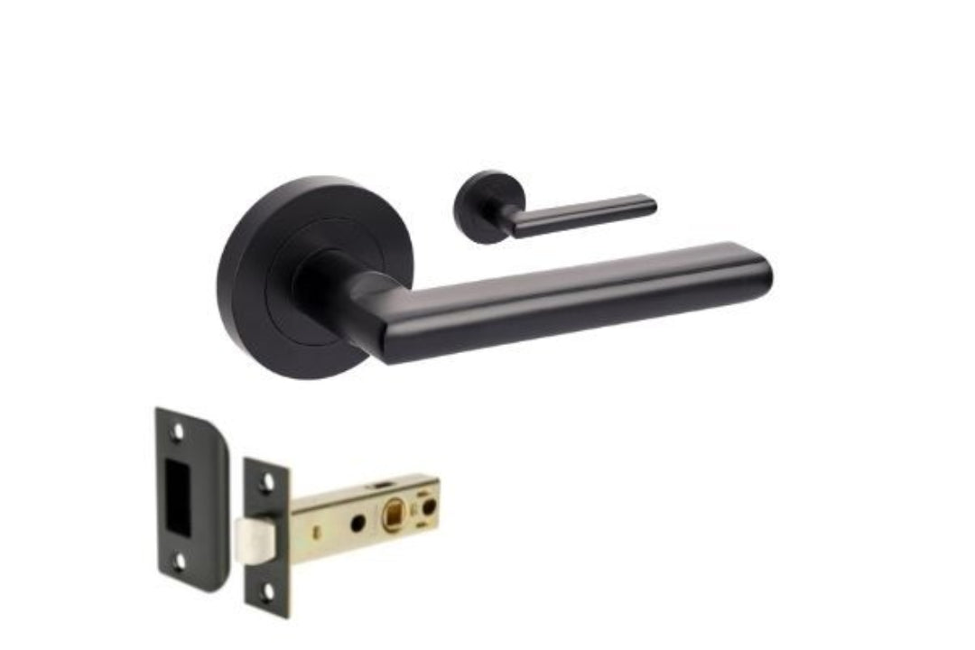 Product image of the Epic Matt Black Door Handle Privacy Set on a white background.