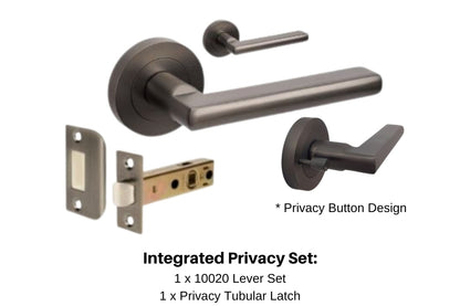 Product image of the Urban Gun Metal Grey Door Handle Integrated Privacy Set with writing below mentioning what is in this particular selection. 1 x 10020 Lever Set and 1 x Privacy Tubular Latch.