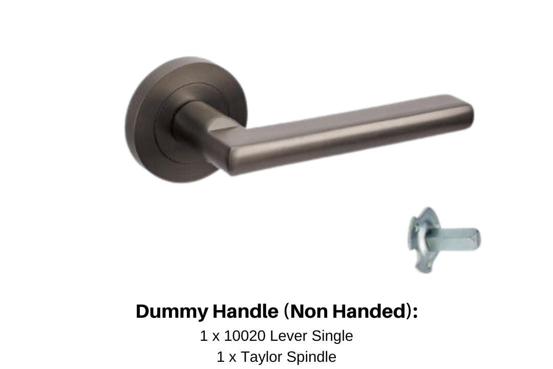 Product image of the Urban Gun Metal Grey Dummy Handle with writing below mentioning what is in this particular selection. 1 x 10020 Lever Single and 1 x Taylor Spindle.