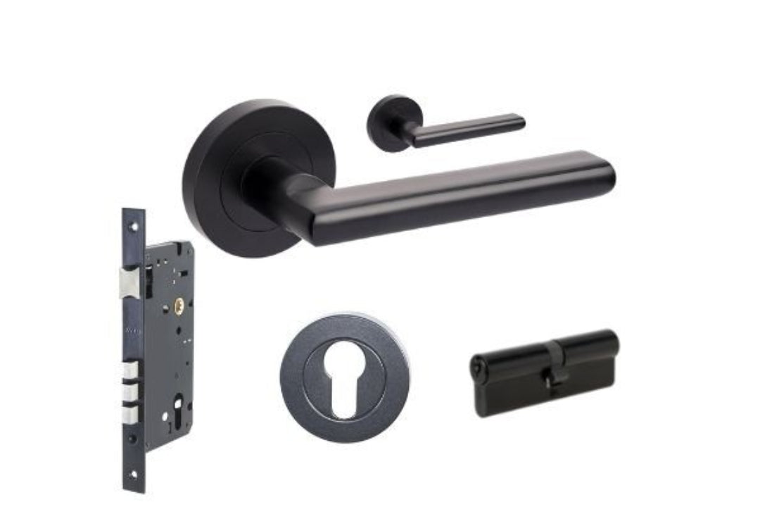 Product image of the Epic Matt Black Door Handle Entry Door Set 3 on a white background.