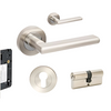 Product picture of the Zanda Epic Door Handle on Round Rose Brushed Nickel/Chrome Plate 70mm key/key entry set on a white background.