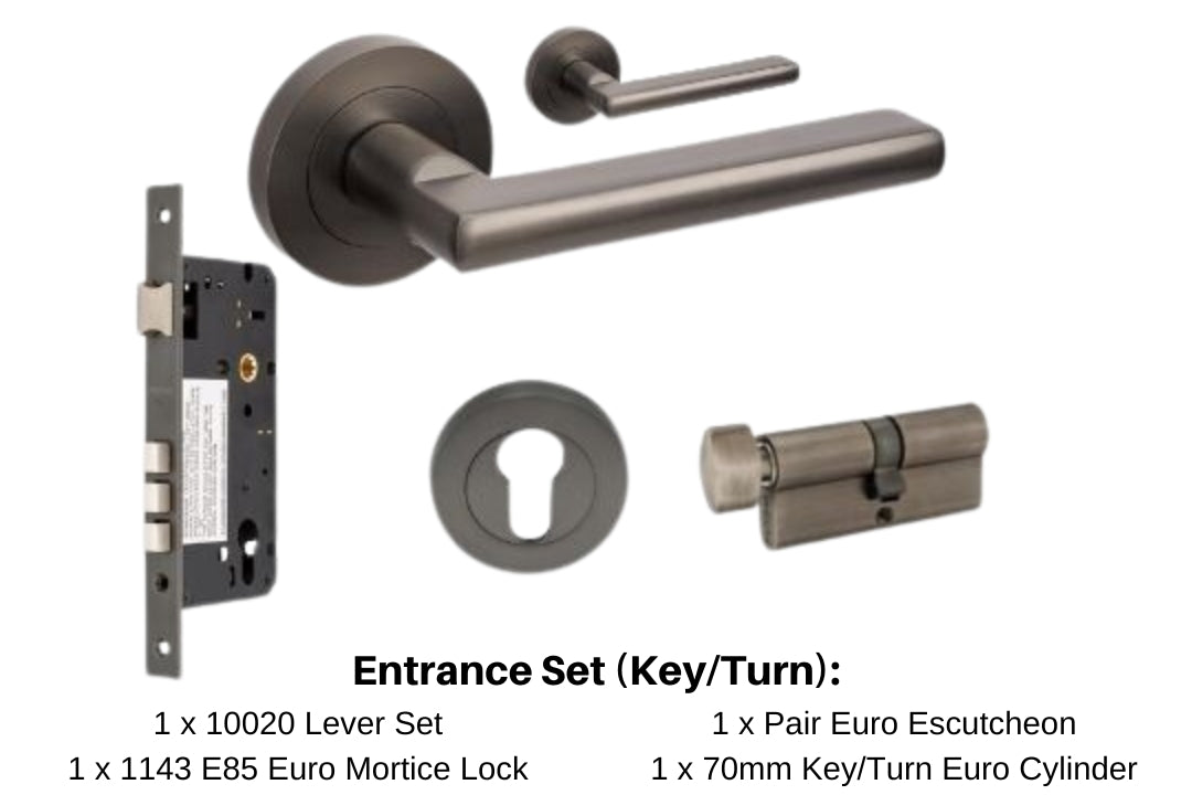 Product image of the Urban Gun Metal Grey Door Handle Key/Turn Entrance Set with writing below mentioning what is in this particular selection. 1 x 10020 Lever Set, 1 x Euro Mortice Lock, 1 x Pair Euro Escutcheons and 1 x 70mm Key/Turn Euro Cylinder.