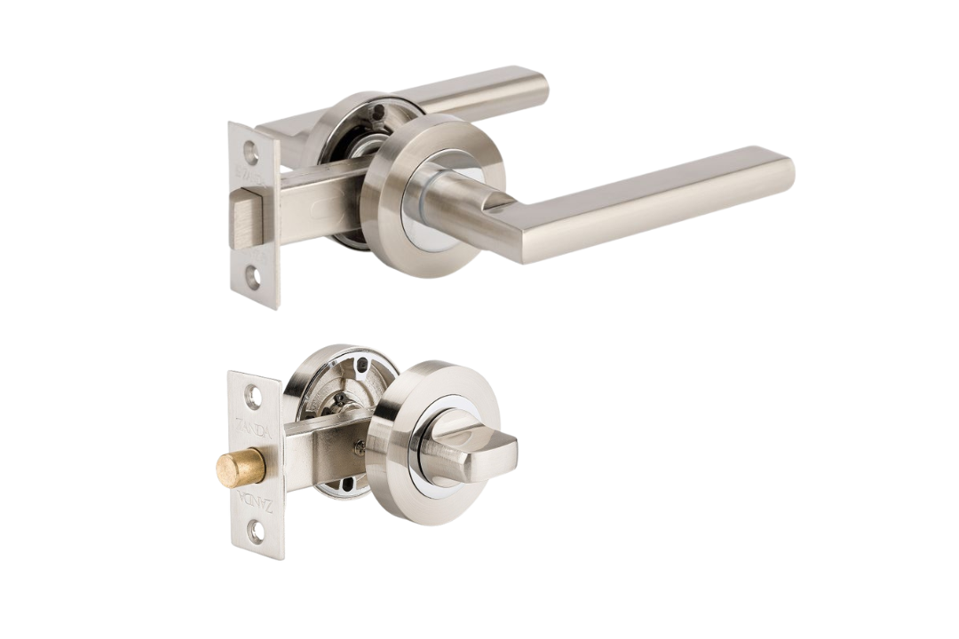 Product picture of the Zanda Epic Door Handle on Round Rose Brushed Nickel/Chrome Plate privacy separate set on a white background.