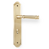 Product picture of the Apollo Design Tuscany Door Handle on Traditional Plate Polished Brass Privacy Set on a white background.
