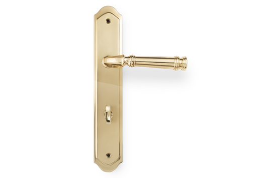 Product picture of the Apollo Design Tuscany Door Handle on Traditional Plate Polished Brass Privacy Set on a white background.