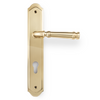 Product picture of the Apollo Design Tuscany Door Handle on Traditional Plate Polished Brass Euro Set on a white background.